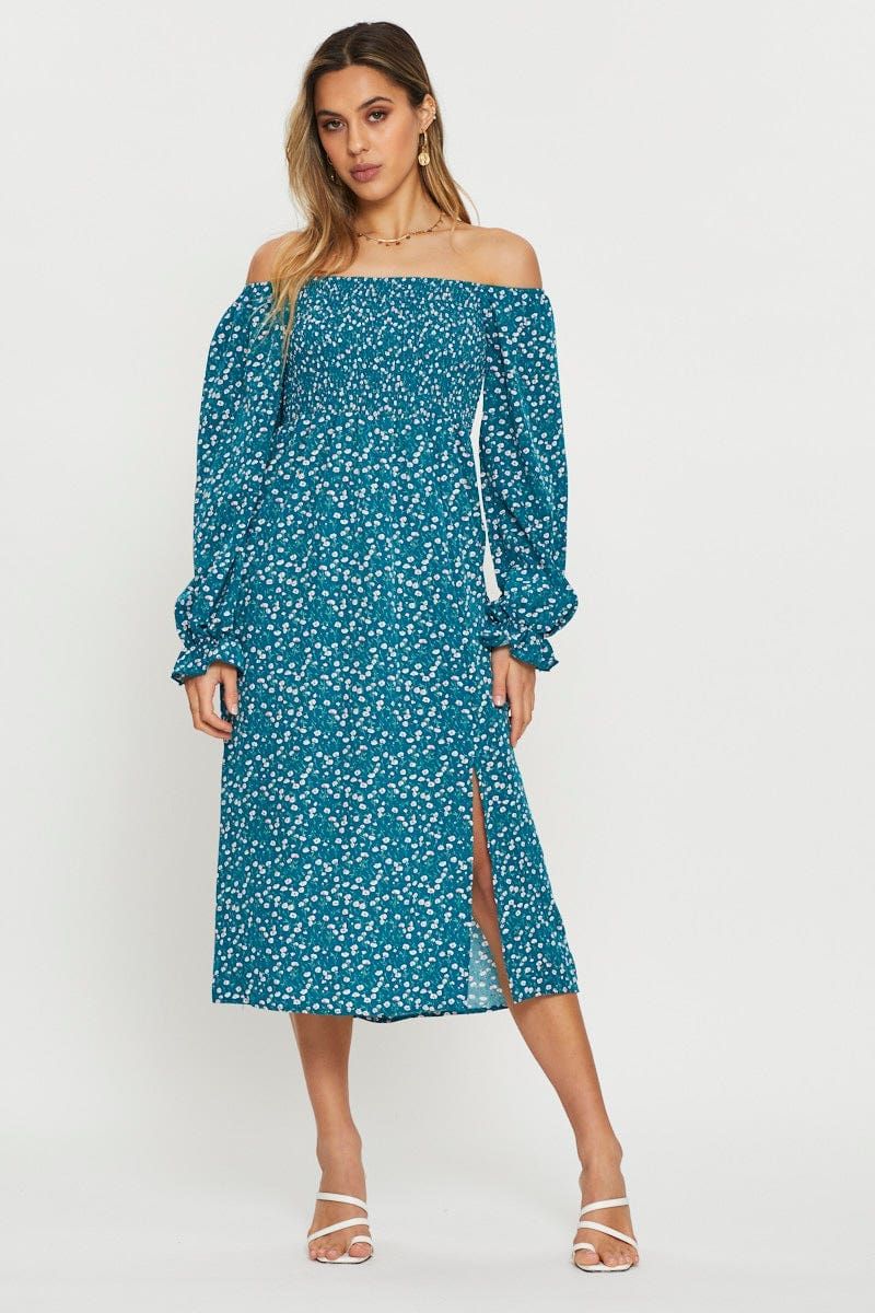 Print Midi Dress Off Shoulder sold by Ally Fashion