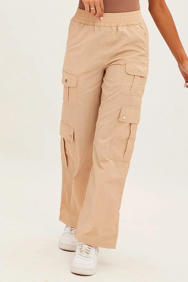 Beige Elastic Waist High Rise Wide Leg Cargo Pants sold by Ally Fashion product image thumbnail 2