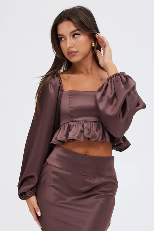 Brown Crop Top Long Sleeve Square Neck Frill Hem Satin sold by Ally Fashion
