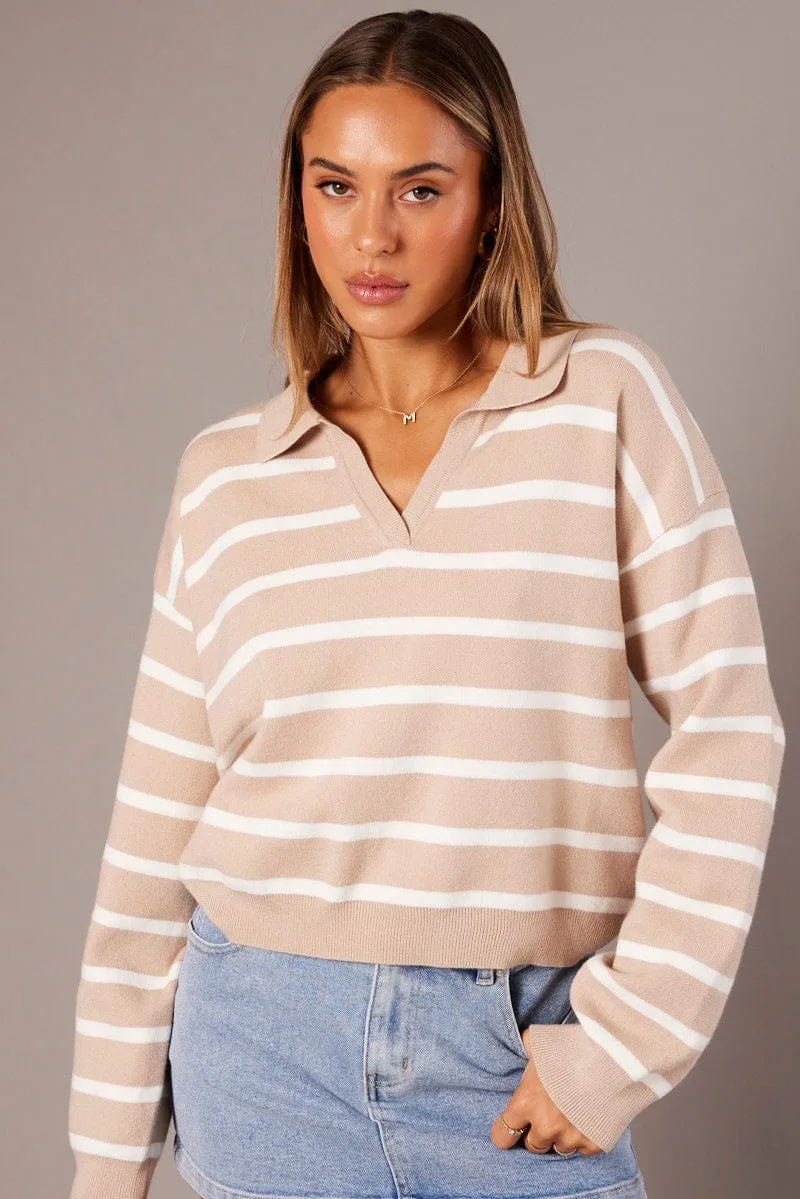 Beige Stripe Knit Top Long Sleeve Collar sold by Ally Fashion product image thumbnail 3