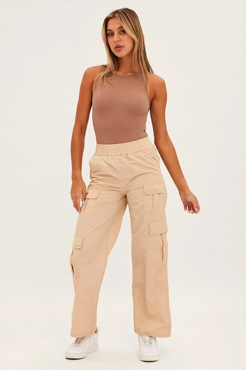 Beige Elastic Waist High Rise Wide Leg Cargo Pants sold by Ally Fashion product image thumbnail 3