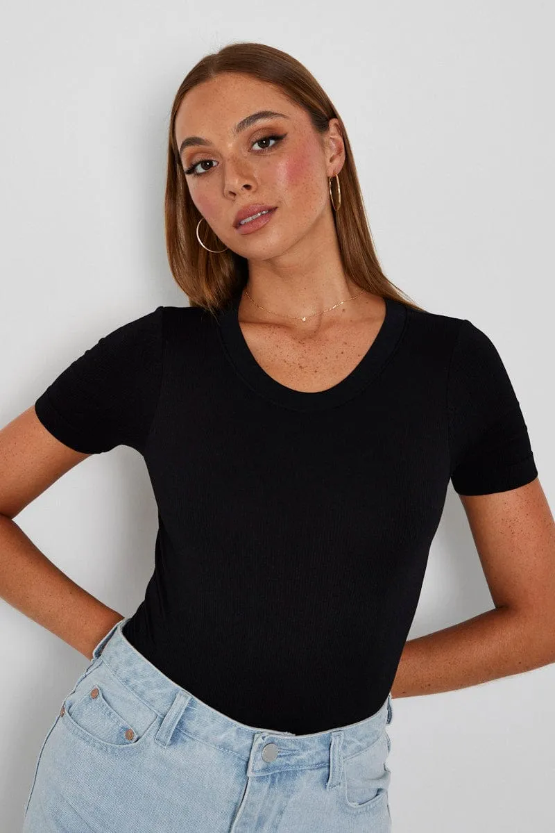 Black Bodysuit Short Sleeve Crew Neck Seamless sold by Ally Fashion product image thumbnail 3
