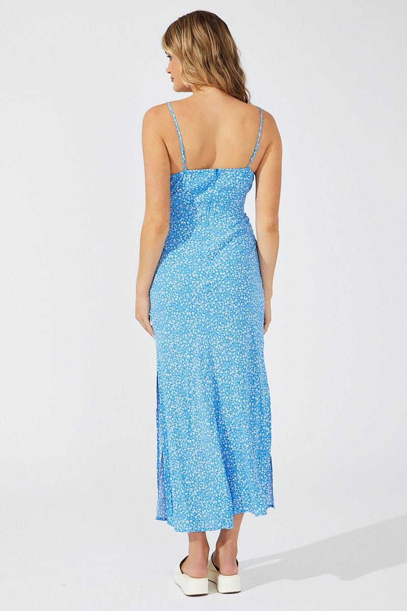 Blue Floral Midi Dress Gathering Bust Sleeveless sold by Ally Fashion product image thumbnail 5