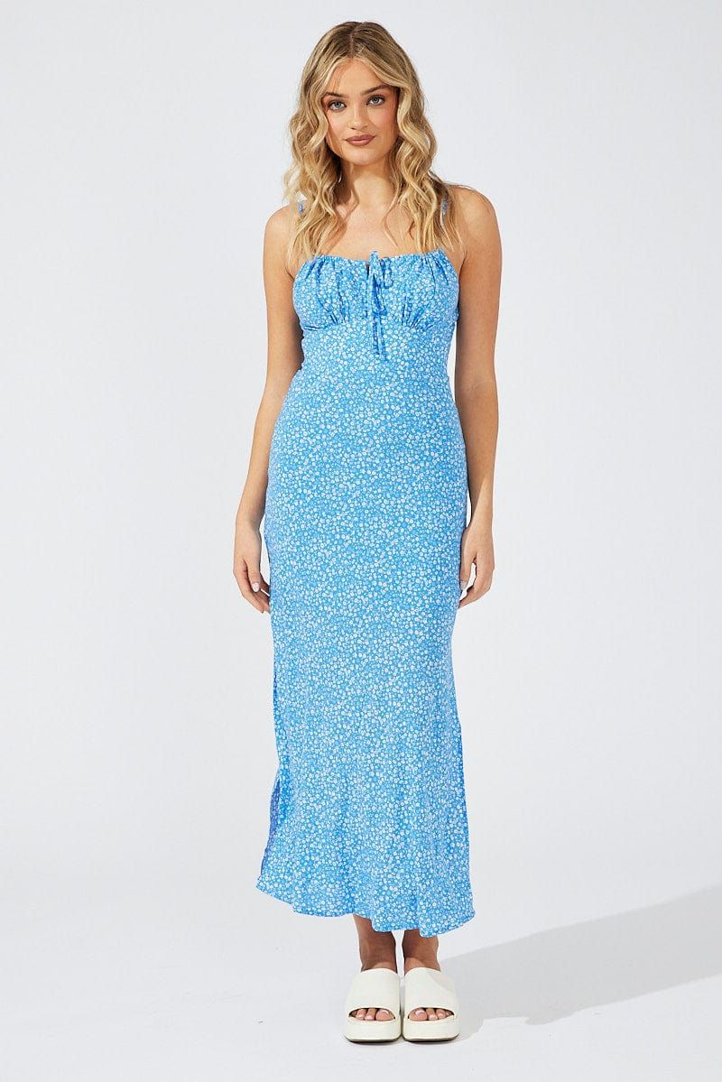 Blue Floral Midi Dress Gathering Bust Sleeveless sold by Ally Fashion product image thumbnail 3