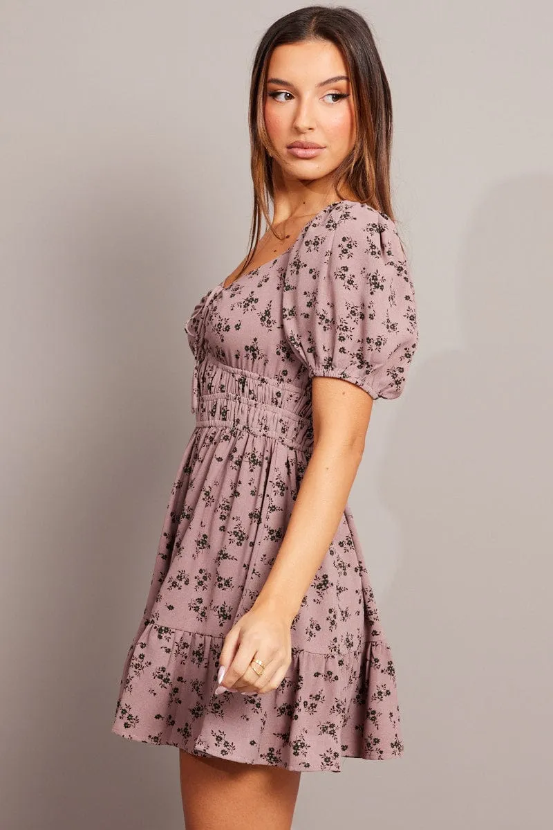 Purple Ditsy Fit And Flare Dress Puff Sleeve Mini sold by Ally Fashion product image thumbnail 4