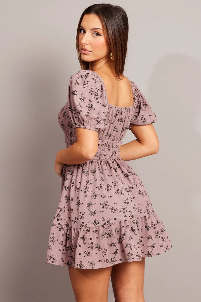 Purple Ditsy Fit And Flare Dress Puff Sleeve Mini sold by Ally Fashion product image thumbnail 5