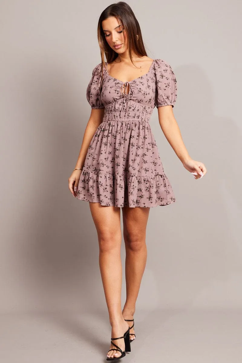 Purple Ditsy Fit And Flare Dress Puff Sleeve Mini sold by Ally Fashion product image thumbnail 2