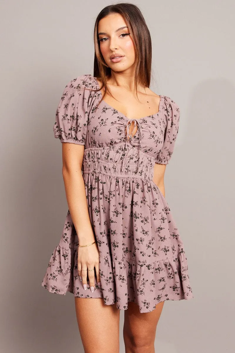 Purple Ditsy Fit And Flare Dress Puff Sleeve Mini sold by Ally Fashion product image thumbnail 3