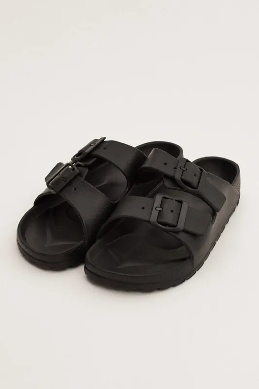 Black Double Strap Buckle Decor Slides Slippers sold by Ally Fashion