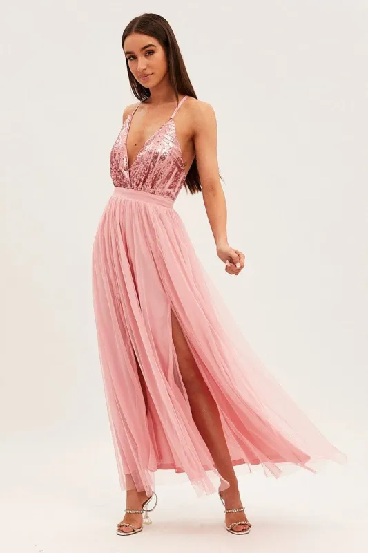 Pink V Neck Party Maxi Dress sold by Ally Fashion