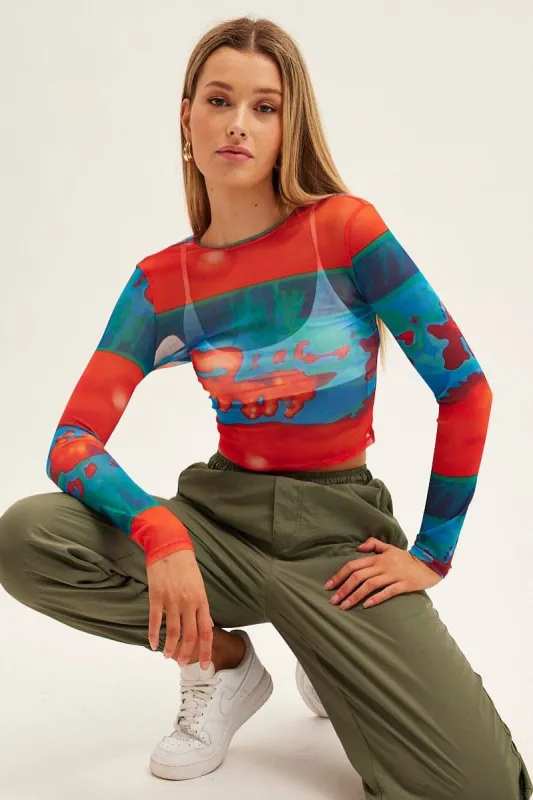 Multi Print Abstract Mesh Top Long Sleeve sold by Ally Fashion
