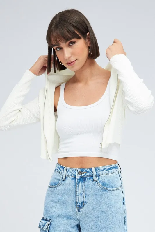 White Knit Zip Up Cardigan Hooded sold by Ally Fashion