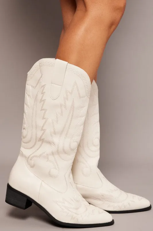 White Embroidered Cowboy Boots sold by Ally Fashion
