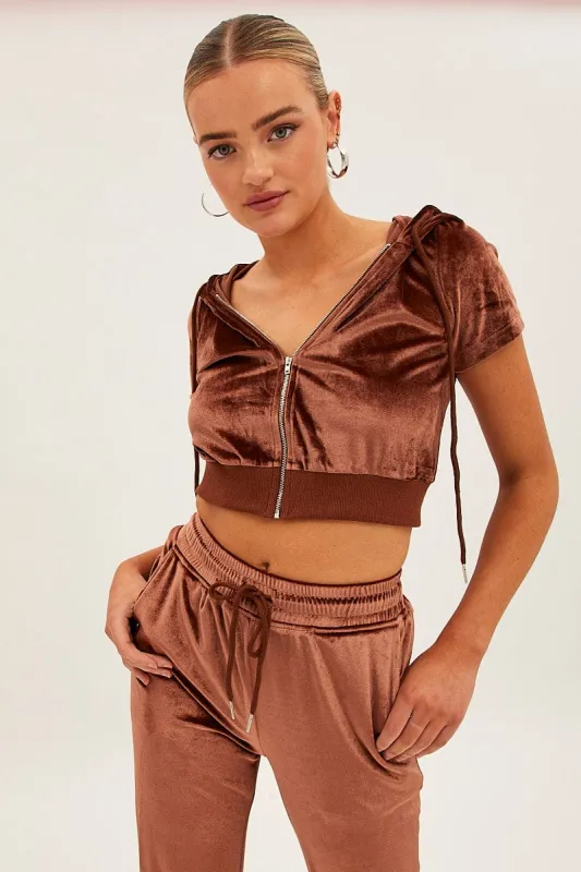 Brown Velour Short Sleeve Zip Lounge Hoodie sold by Ally Fashion