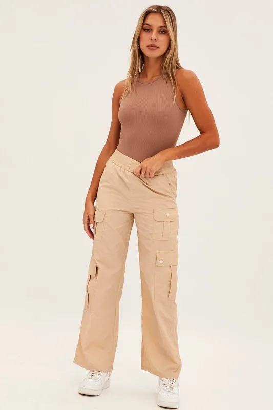 Camel Elastic Waist High Rise Wide Leg Cargo Pants sold by Ally Fashion