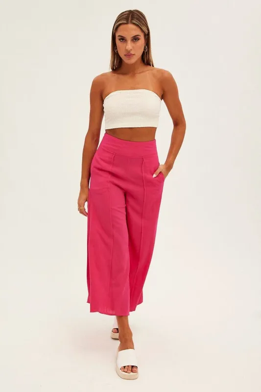 Pink Wide Leg Pants High Rise Linen Blend sold by Ally Fashion