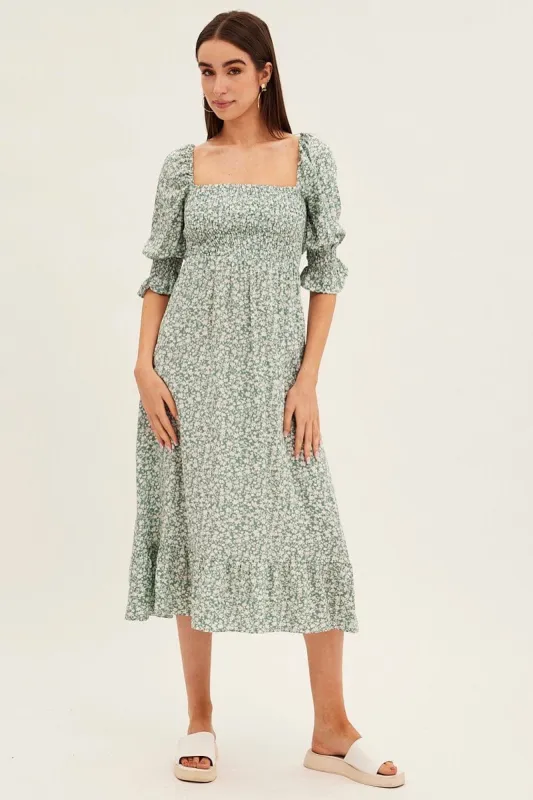 Green Floral Puff Sleeve Shirred Tiered Midi Dress sold by Ally Fashion