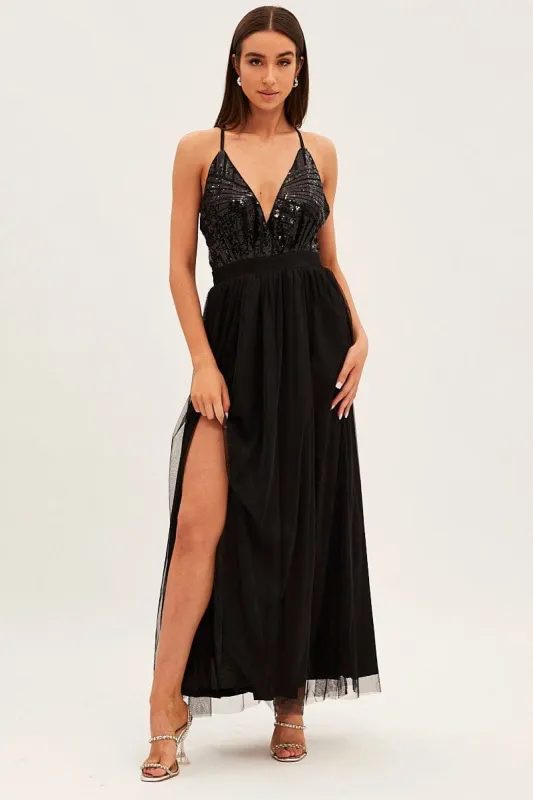 Black V Neck Party Maxi Dress sold by Ally Fashion