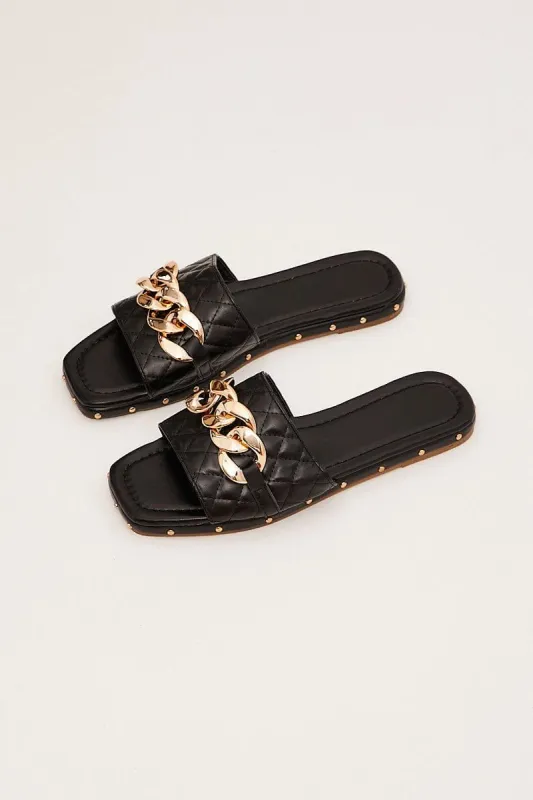 Black Chain Decor Quilted Slides Slippers sold by Ally Fashion