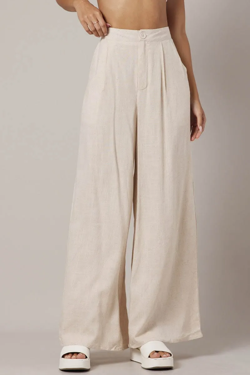Beige Wide Leg Pants High Rise Linen Blend sold by Ally Fashion product image thumbnail 3