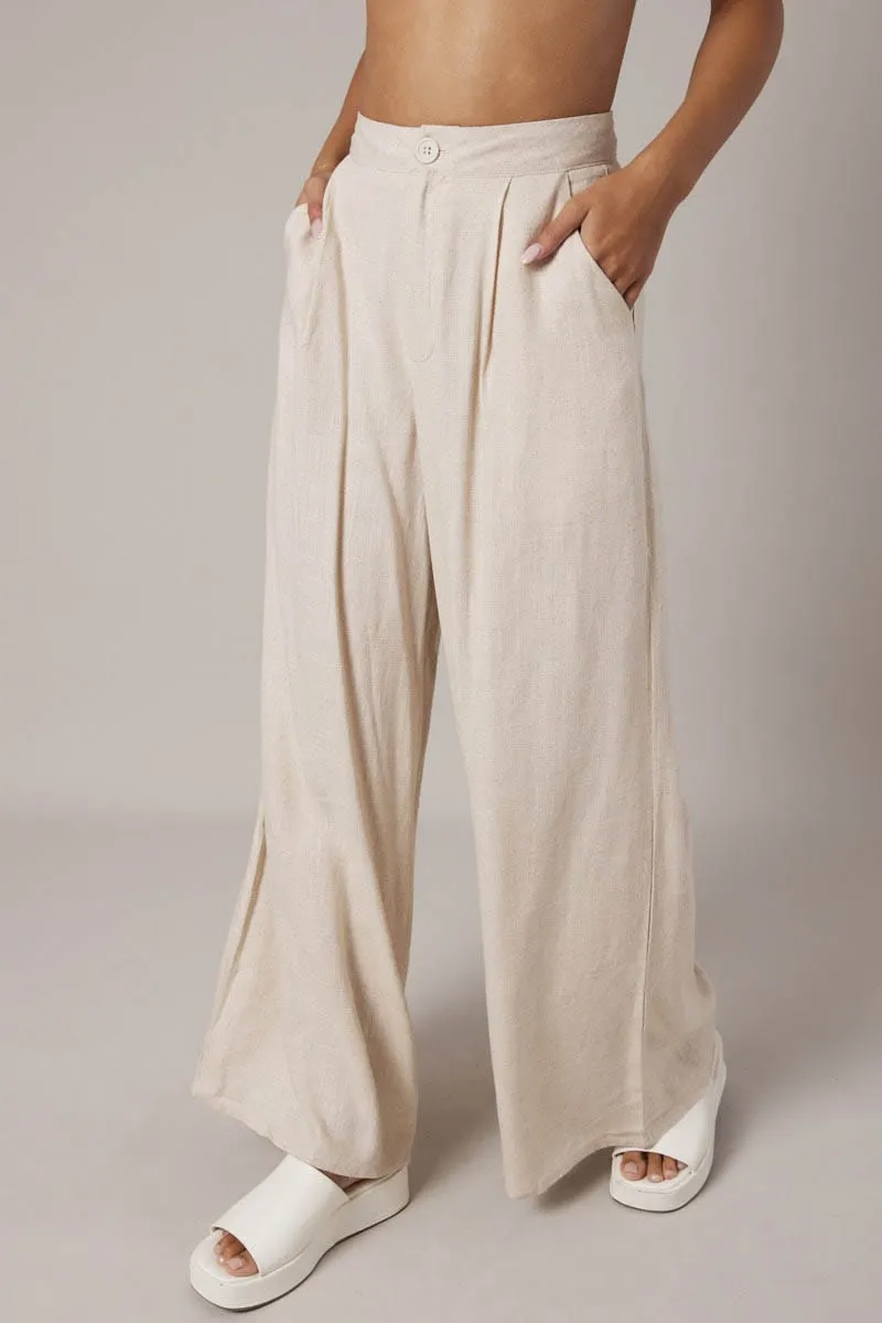 Beige Wide Leg Pants High Rise Linen Blend sold by Ally Fashion