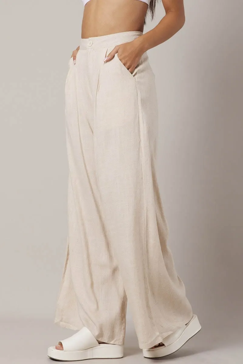 Beige Wide Leg Pants High Rise Linen Blend sold by Ally Fashion product image thumbnail 4