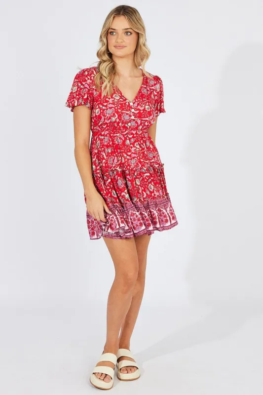 Red Boho Fit And Flare Dress V-neck Mini sold by Ally Fashion
