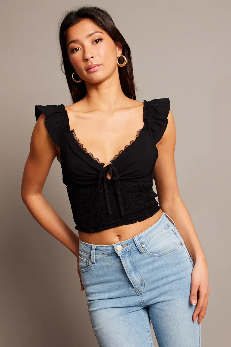 Black Crop Top Short Sleeve Lace Trim Shirred Waist sold by Ally Fashion