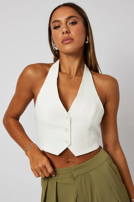 White Vest Top Halter Neck Button Top sold by Ally Fashion