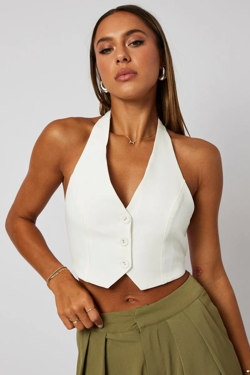White Vest Top Halter Neck Button Top sold by Ally Fashion