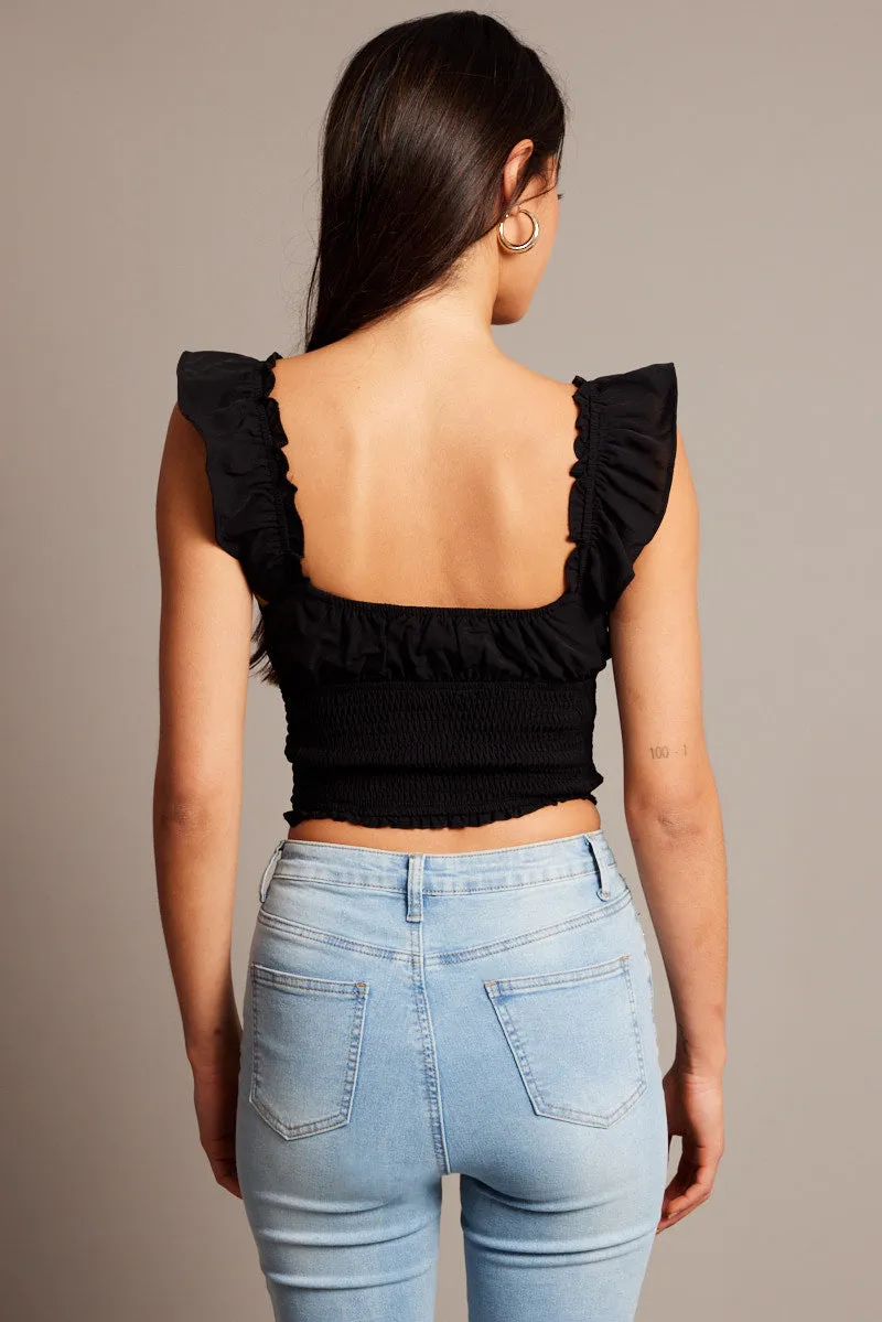 Black Crop Top Short Sleeve Lace Trim Shirred Waist sold by Ally Fashion product image thumbnail 5