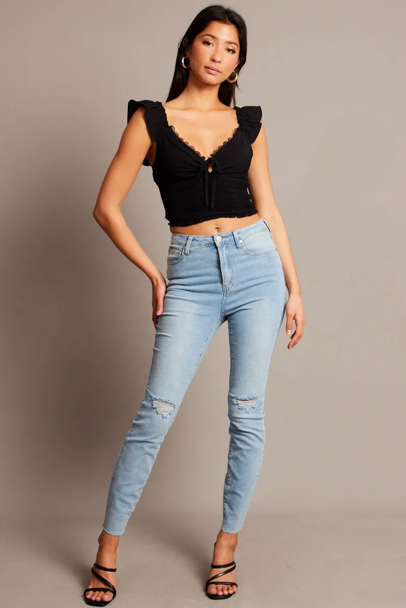 Black Crop Top Short Sleeve Lace Trim Shirred Waist sold by Ally Fashion product image thumbnail 2