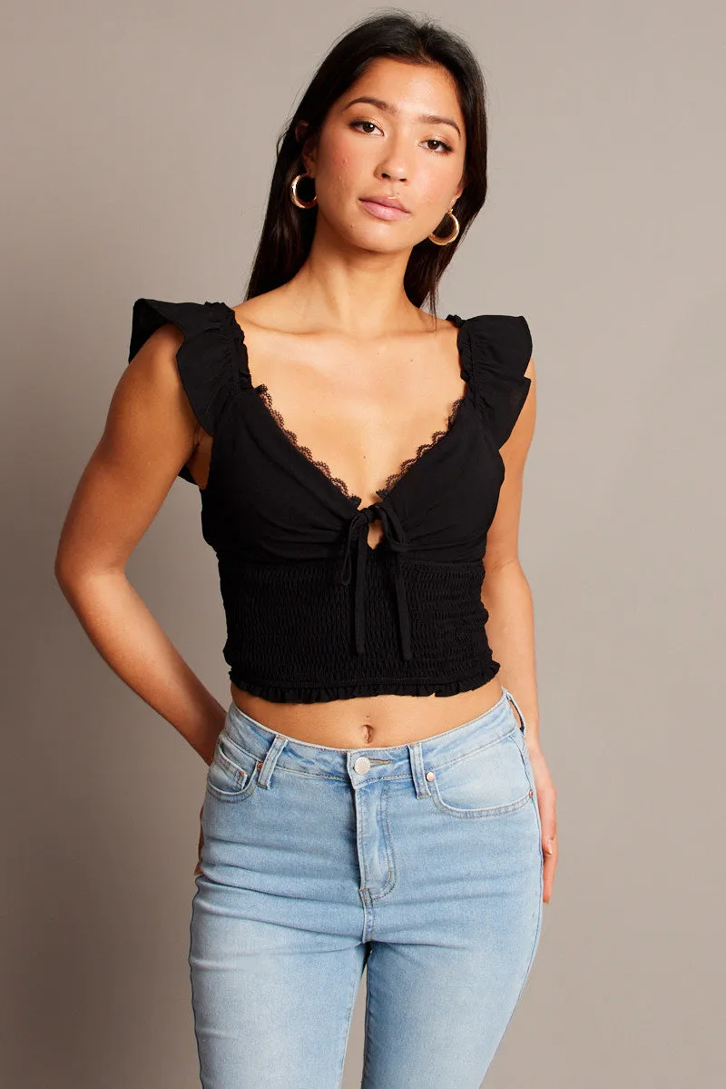 Black Crop Top Short Sleeve Lace Trim Shirred Waist sold by Ally Fashion product image thumbnail 3