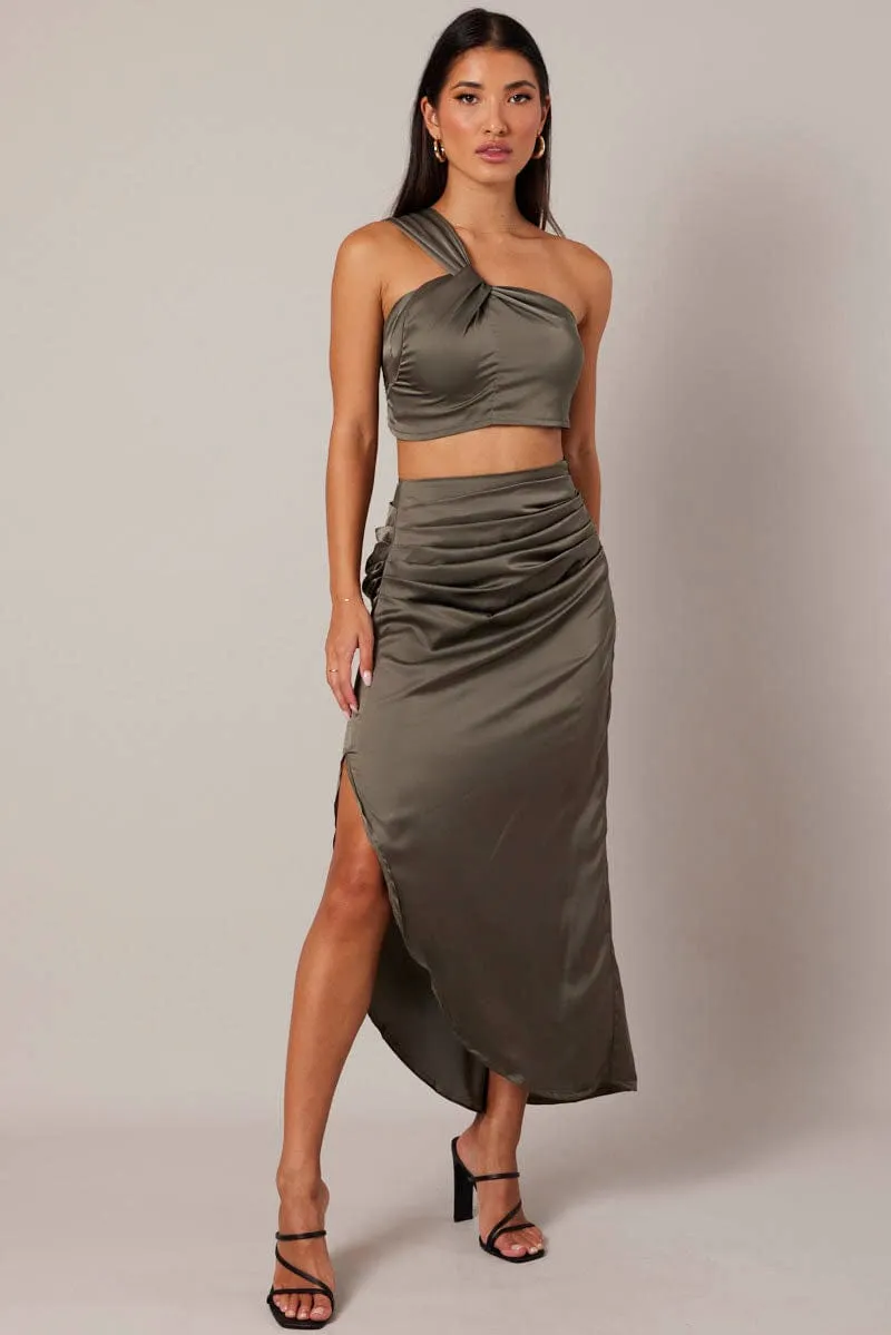 Green Ruched Maxi Skirt Draped Satin Skirt sold by Ally Fashion product image thumbnail 2