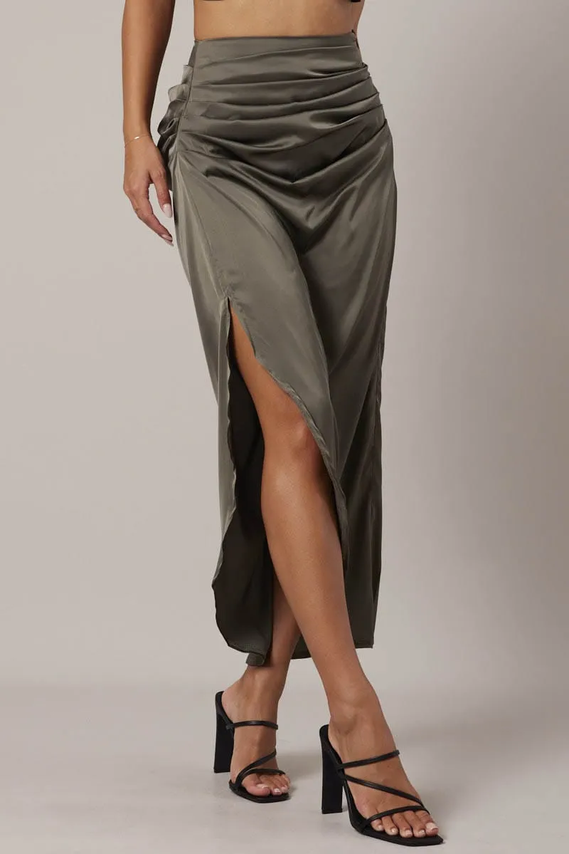 Green Ruched Maxi Skirt Draped Satin Skirt sold by Ally Fashion product image thumbnail 3
