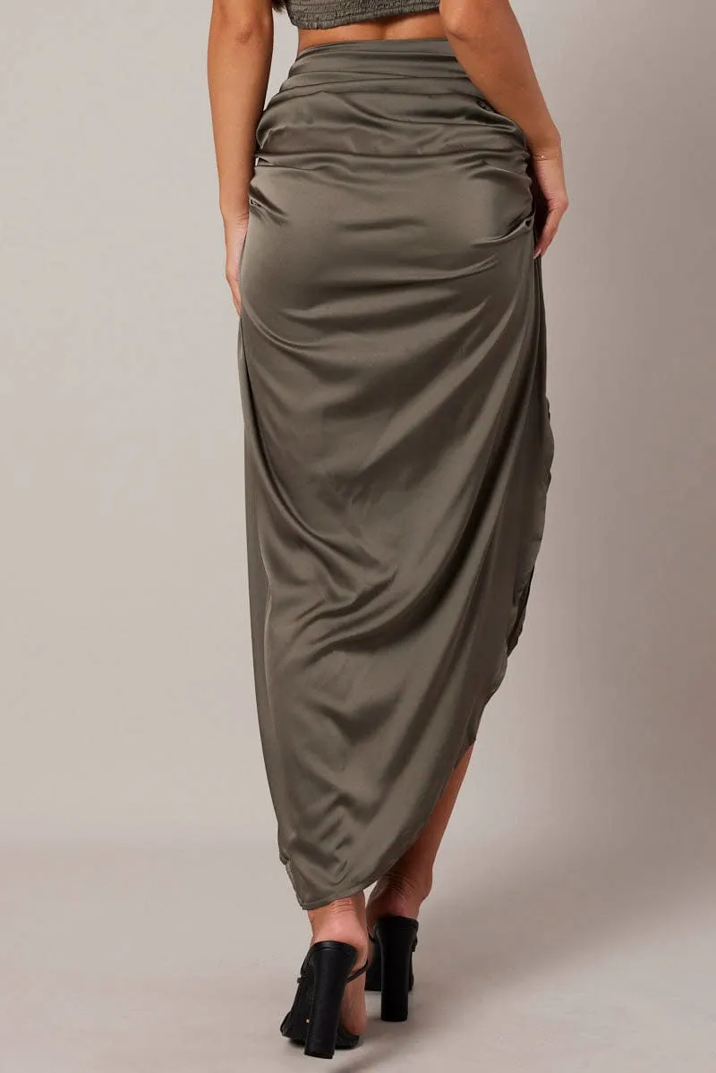 Green Ruched Maxi Skirt Draped Satin Skirt sold by Ally Fashion product image thumbnail 4