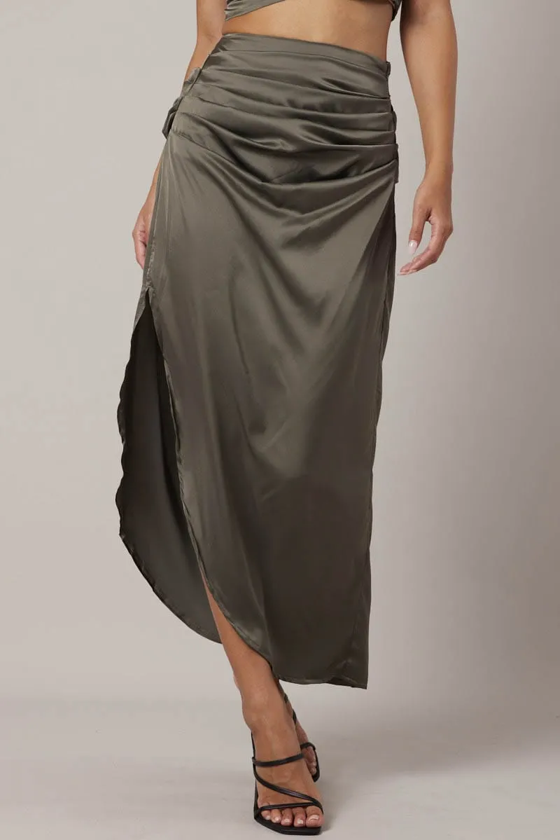 Green Ruched Maxi Skirt Draped Satin Skirt sold by Ally Fashion