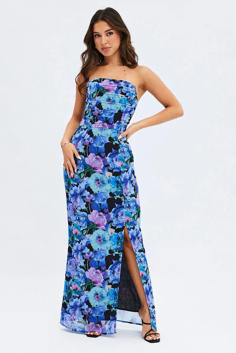 Multi Floral Bandeau Strapless Side Split Chiffon Maxi Dress sold by Ally Fashion product image thumbnail 2
