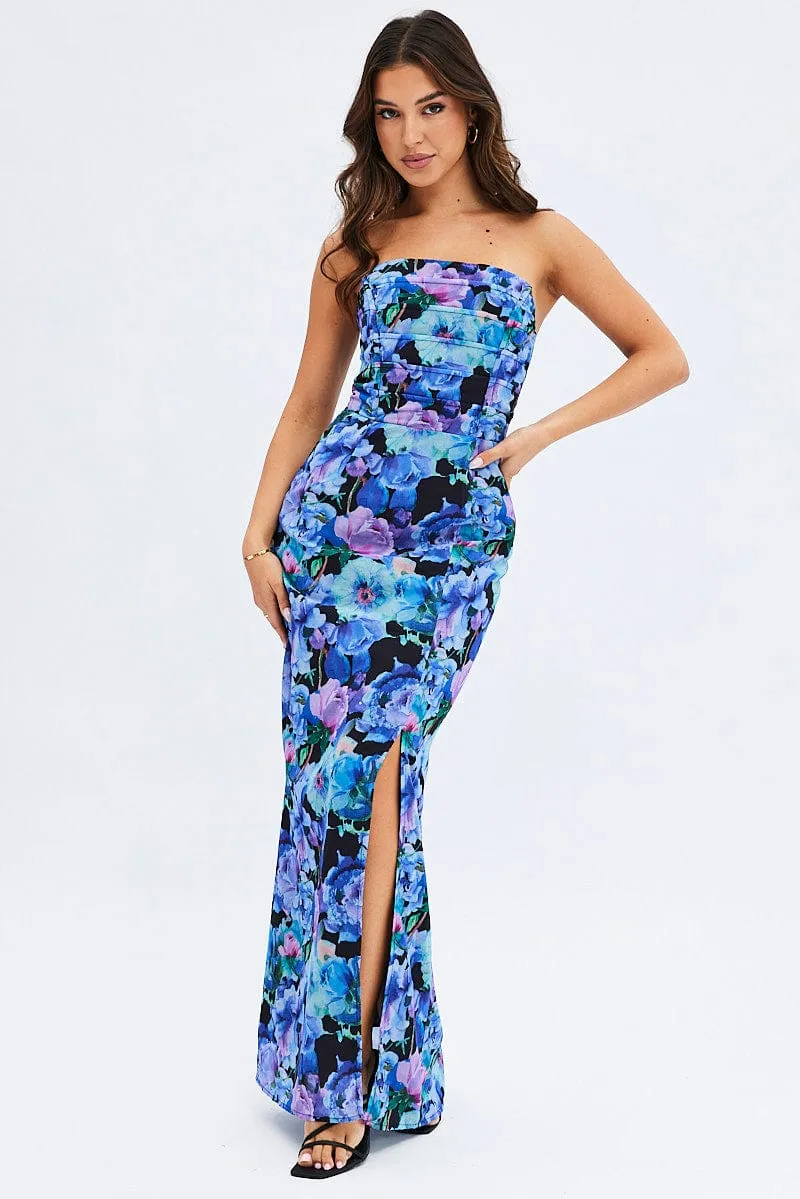 Multi Floral Bandeau Strapless Side Split Chiffon Maxi Dress sold by Ally Fashion product image thumbnail 3