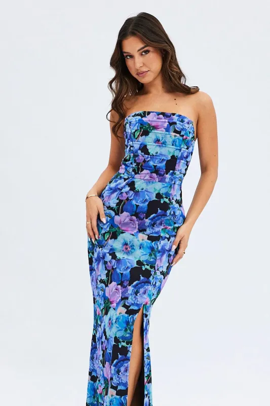 Multi Floral Bandeau Strapless Side Split Chiffon Maxi Dress sold by Ally Fashion