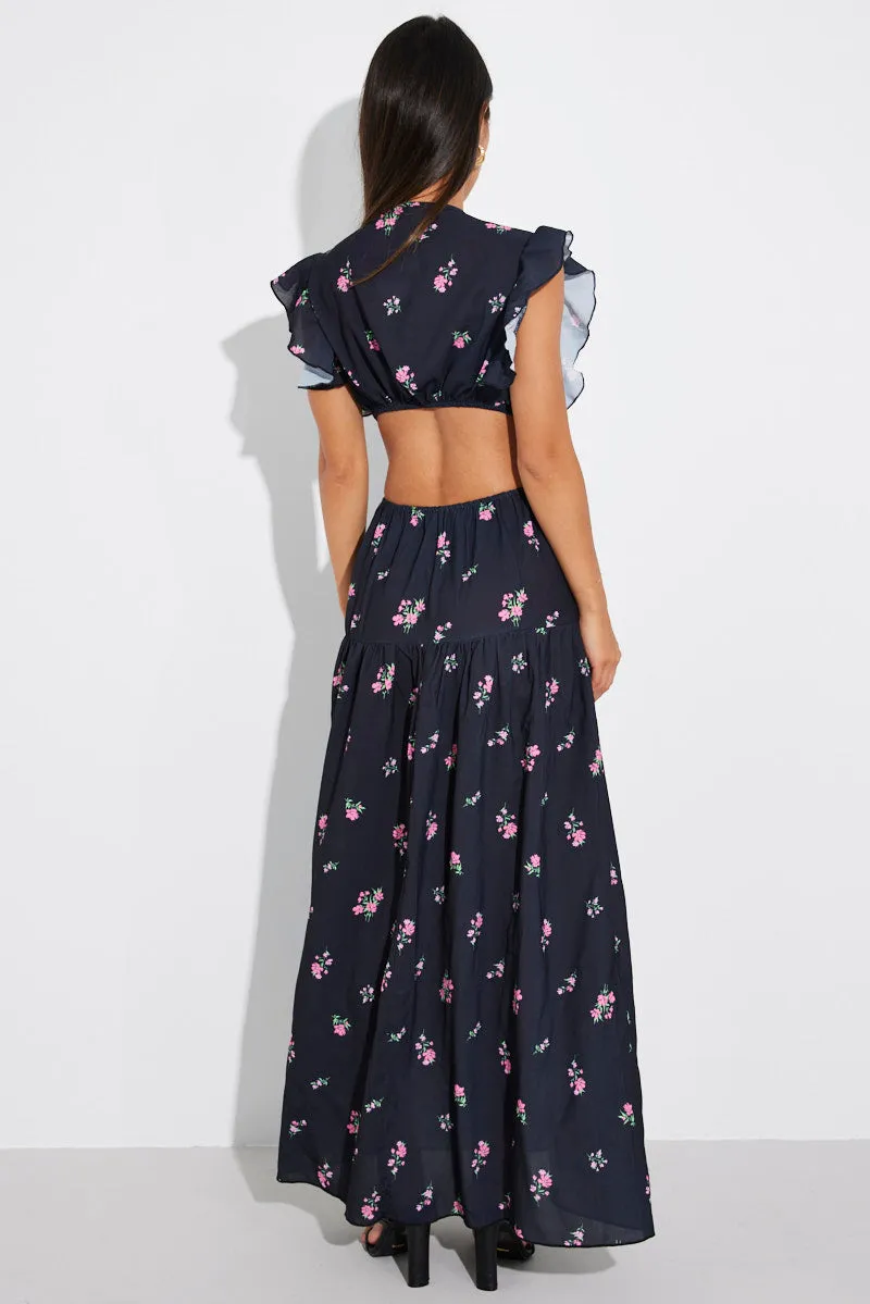 Black Floral Maxi Dress Flutter Ruffle Shoulder Buckle Dress sold by Ally Fashion product image thumbnail 5