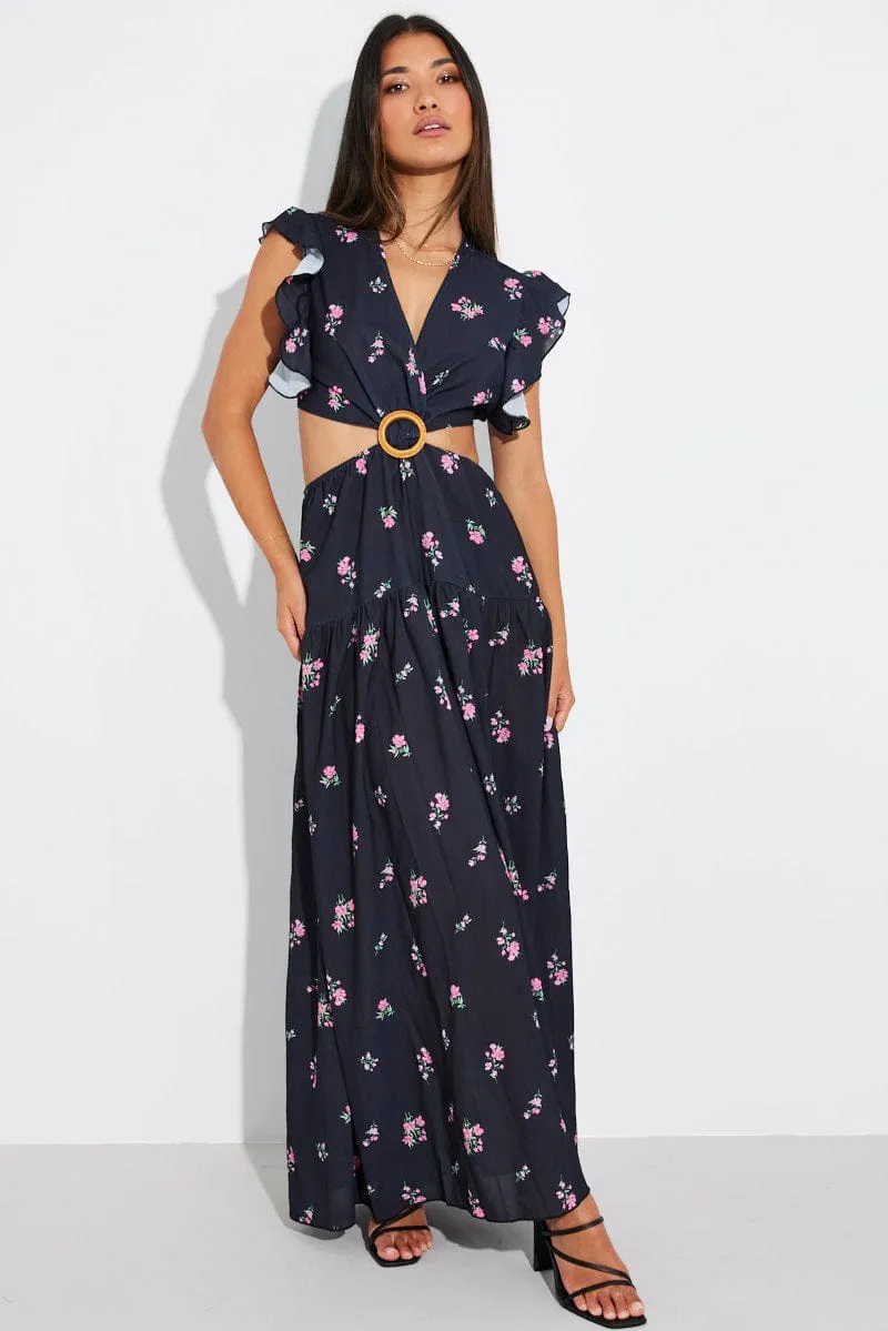 Black Floral Maxi Dress Flutter Ruffle Shoulder Buckle Dress sold by Ally Fashion product image thumbnail 2