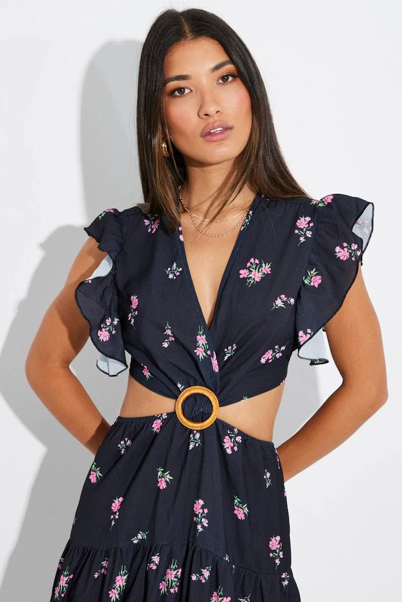 Black Floral Maxi Dress Flutter Ruffle Shoulder Buckle Dress sold by Ally Fashion product image thumbnail 3