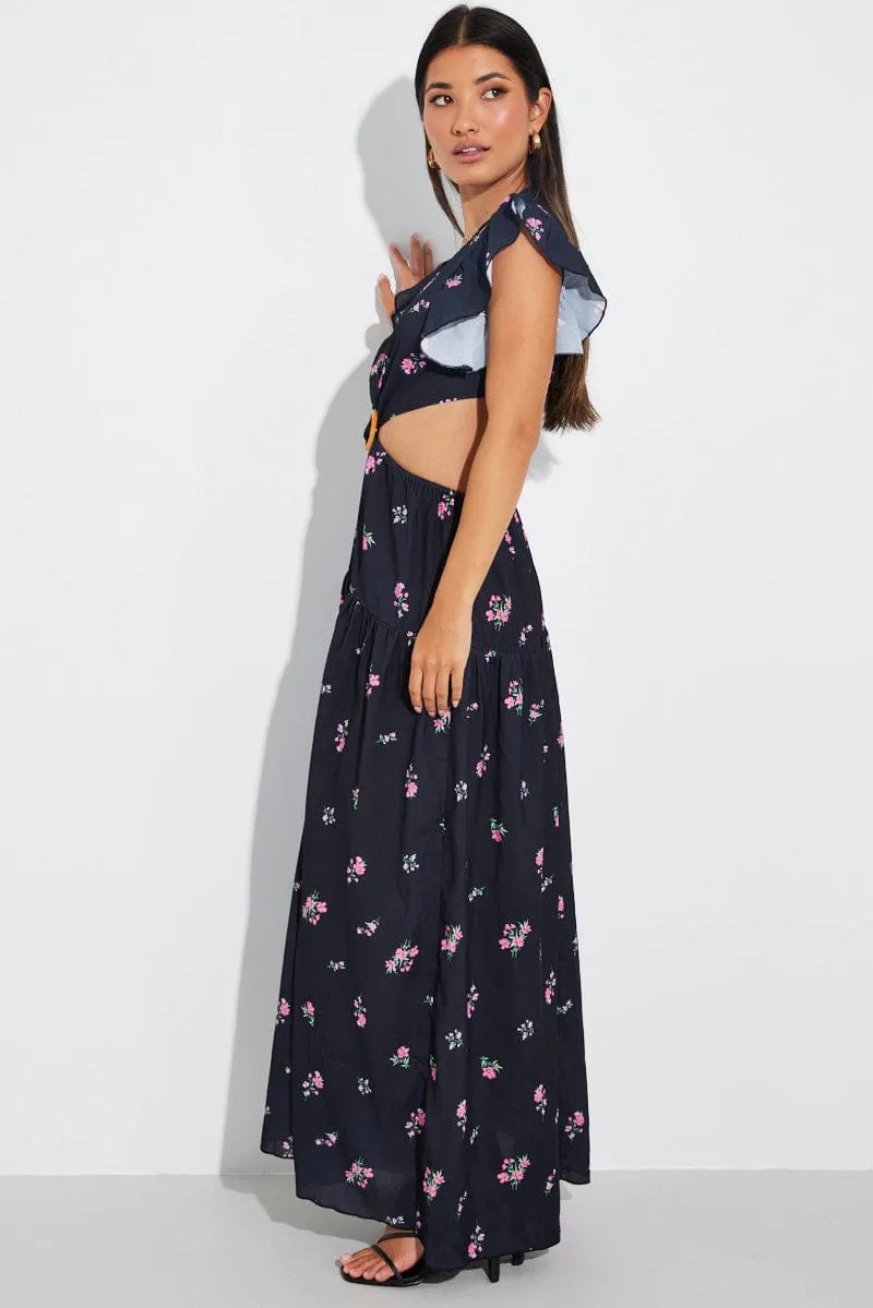 Black Floral Maxi Dress Flutter Ruffle Shoulder Buckle Dress sold by Ally Fashion product image thumbnail 4