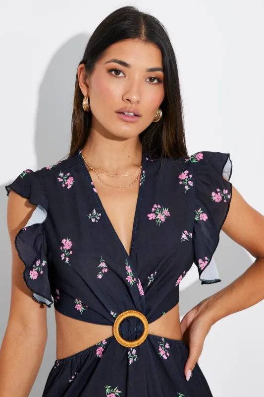 Black Floral Maxi Dress Flutter Ruffle Shoulder Buckle Dress sold by Ally Fashion
