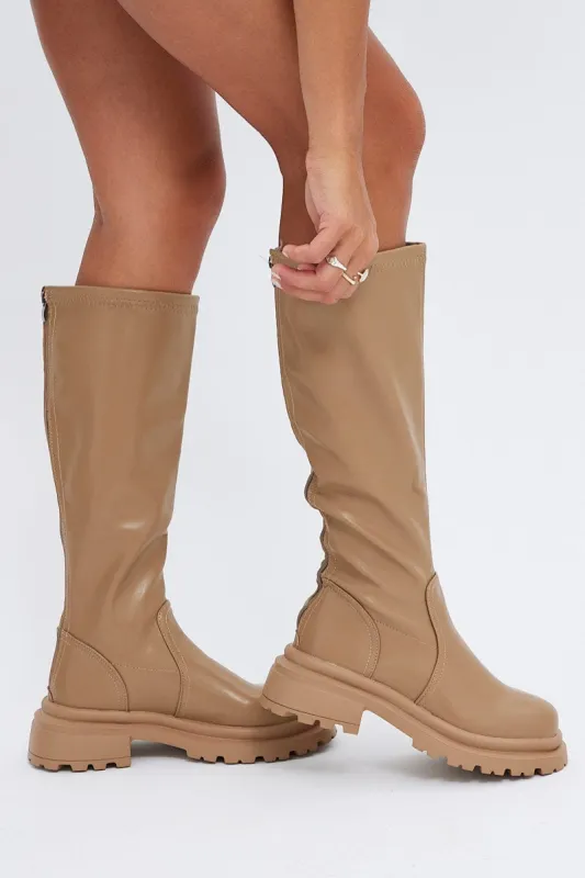 Beige Chunky Knee High Boots sold by Ally Fashion