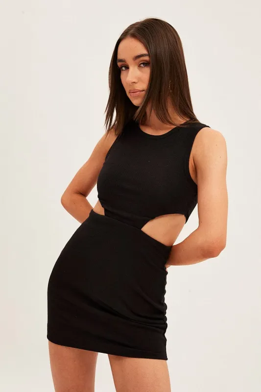 Black Mini Dress Sleeveless Round Neck Cut Out sold by Ally Fashion
