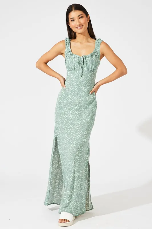 Green Ditsy Maxi Dress Short Sleeve Ruched Bust sold by Ally Fashion