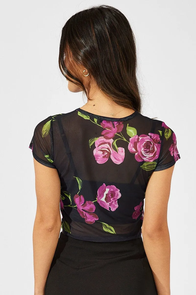 Black Floral Top Crop Short Sleeve sold by Ally Fashion product image thumbnail 5