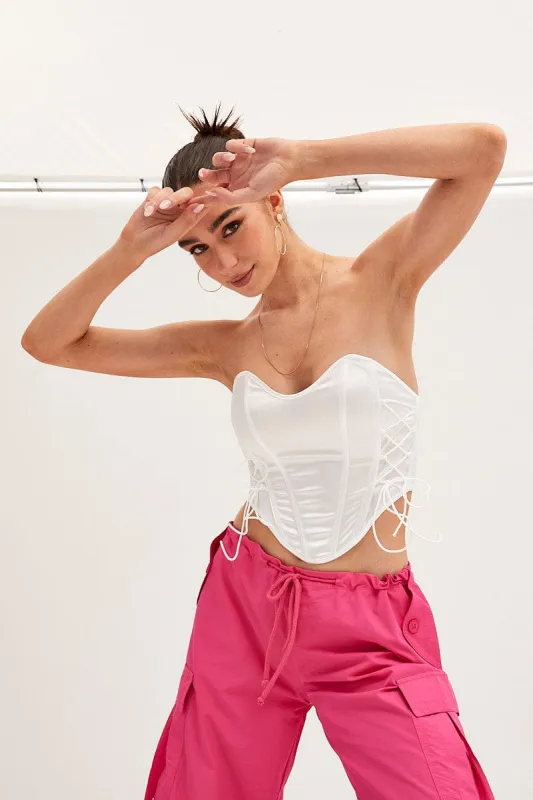 White Solid Lace Up Corset Top sold by Ally Fashion
